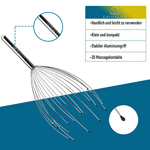 Crimaldo - Masajeador de cabeza de alta calidad con 20 dedos de masaje, araña de masaje para la cabeza perfecta para la circulación del cuero cabelludo, araña para el cabello, con peine multifunción