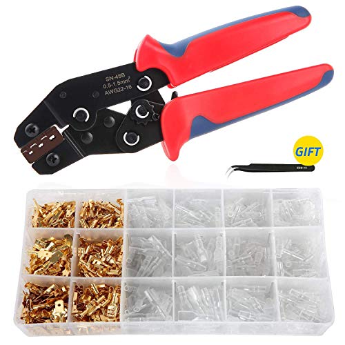 Crimpadora Terminales Electricos, Aweohtle Crimpadora de Terminales Alicates de Trinquete con 300 Macho Hembra Terminales y 300 Fundas Aislantes para 0.5-1.5mm²