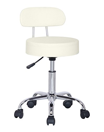 Crisnails ® Silla Giratoria, Taburete Giratorio, con Respaldo, Pies con Ruedas, Altura Ajustable, para Salón, Peluquería, Bar y Oficina (Blanco)