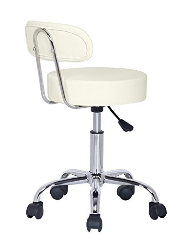 Crisnails ® Silla Giratoria, Taburete Giratorio, con Respaldo, Pies con Ruedas, Altura Ajustable, para Salón, Peluquería, Bar y Oficina (Blanco)