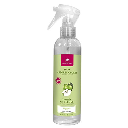 CRISTALINAS. Ambientador & Absorbe Olor. Spray Pulverizador. Difusor Natural. 100% sin GAS. Ideal para usar en : Tejidos, Cocina, Zona de Mascotas, Tabaco o Baño. Capacidad: 280 ml. Aroma Manzana