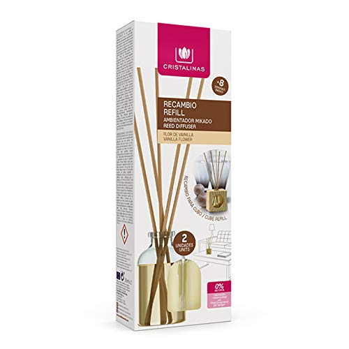 CRISTALINAS. Recambio x2 para Ambientador Mikado de Cubo de Madera. 0% Alcohol. Mas de 8 semanas de duración. 2x30ml. Aroma (Vainilla)