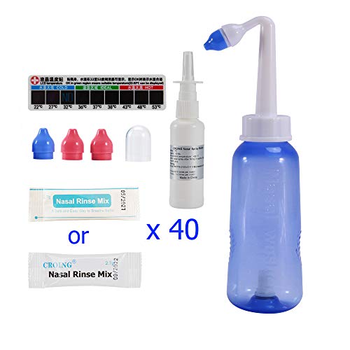 CROING - 40 x Sal + 1 x Etiqueta de Termómetro + 1 x Botella de Lavado Nasal (300 ml) + 1 x Botella de Spray Nasal (50ml) - Neti Pot, Irrigación Nasal