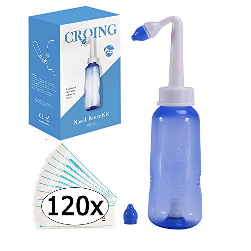 CROING - Botella de 300 ml + 120 paquetes de sal- Neti Pot - Botella de lavado nasal Yoga Nasal Botella Nariz Limpiador Botella Rhinitis alérgica Tratamiento