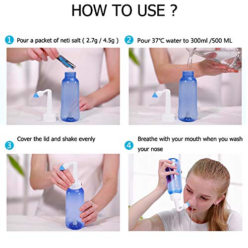 CROING - Botella de 300 ml + 120 paquetes de sal- Neti Pot - Botella de lavado nasal Yoga Nasal Botella Nariz Limpiador Botella Rhinitis alérgica Tratamiento