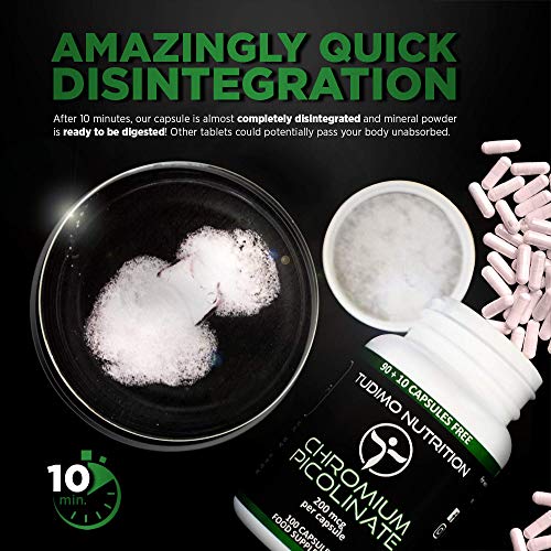 Cromo Picolinato 200 mcg Cápsulas – 100 pzas (3+ Meses de provisión) de Cápsulas de Desintegración Rápida, cada una con 200mcg de polvo de Picolinato de Cromo de Calidad Premium, de TUDIMO