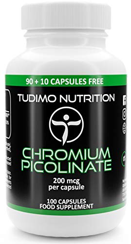 Cromo Picolinato 200 mcg Cápsulas – 100 pzas (3+ Meses de provisión) de Cápsulas de Desintegración Rápida, cada una con 200mcg de polvo de Picolinato de Cromo de Calidad Premium, de TUDIMO