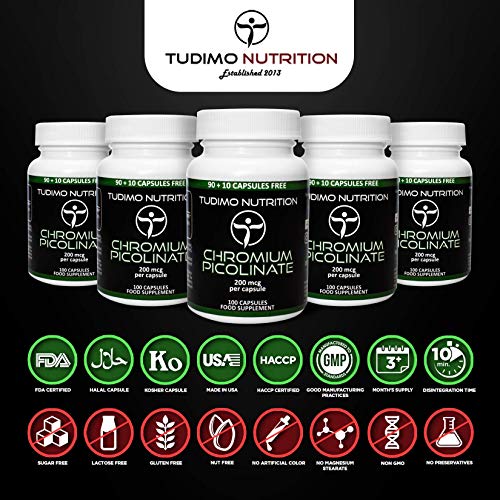 Cromo Picolinato 200 mcg Cápsulas – 100 pzas (3+ Meses de provisión) de Cápsulas de Desintegración Rápida, cada una con 200mcg de polvo de Picolinato de Cromo de Calidad Premium, de TUDIMO
