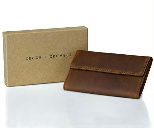 Crook & Cromber Bolsa de Tabaco Cuero Genuino I Cierre magnético Doble Papel y Compartimento de Filtro I 30g Bolsa de Tabaco – diseño Delgado I Bolsa giratoria – marrón Vintage