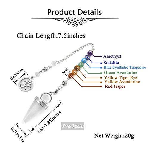 CrystalTears - Péndulo de cristal de amatista natural para curación de 7 chakras con cristales de punta, para divinación, reiki, curación, terapia de cristales