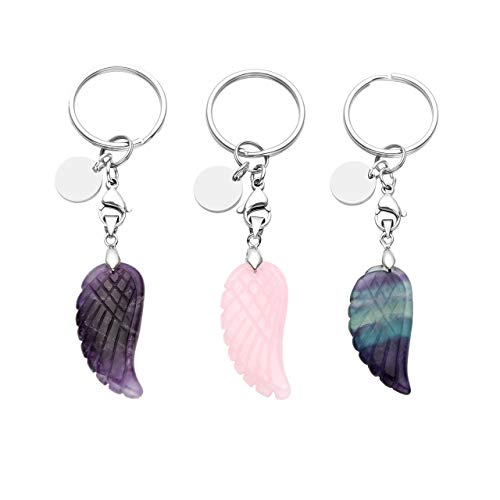 CrystalTears Puerta Llaves Trousseau Key Chain Chakra Energie Piedra con Colgante Forma Pluma de alas de ángel Tallado qui Peut personnalier Partido para Familia Pareja Mujer Hombre