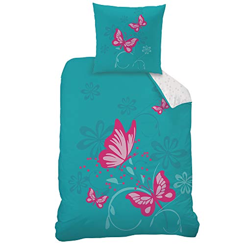 CTI - Juego de ropa de cama reversible (135 x 200 cm, 80 x 80 cm, 100% linón de algodón, diseño de mariposas, color turquesa y rosa