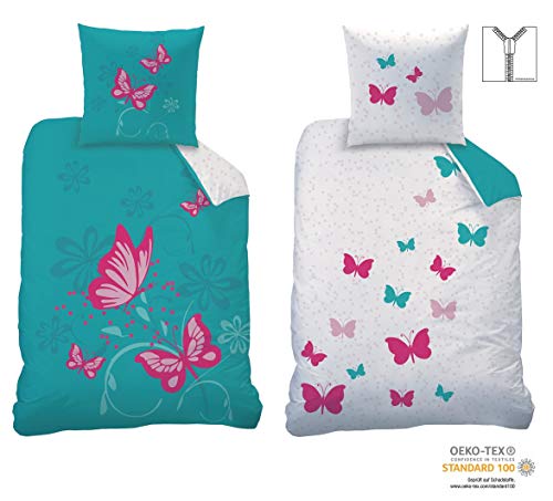 CTI - Juego de ropa de cama reversible (135 x 200 cm, 80 x 80 cm, 100% linón de algodón, diseño de mariposas, color turquesa y rosa