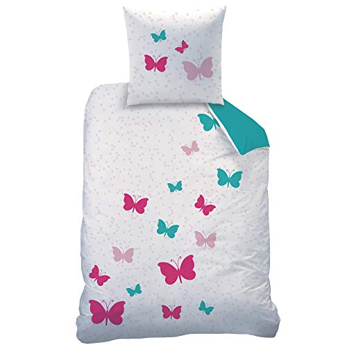 CTI - Juego de ropa de cama reversible (135 x 200 cm, 80 x 80 cm, 100% linón de algodón, diseño de mariposas, color turquesa y rosa