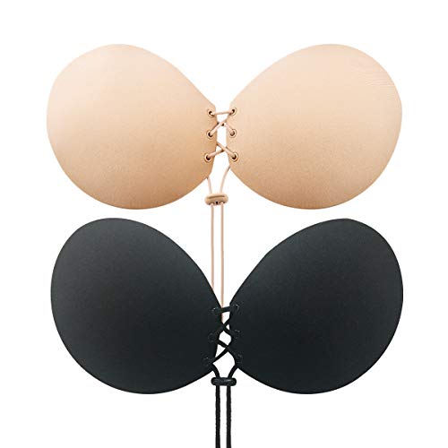 CtopoGo 2 Pack Sujetador Adhesivo, Sin Tirantes Mujeres Reutilizable Invisible Sujetador Push UP Bra con Gel Adhesivo y Ajustable String (B, Negro/Rosa)