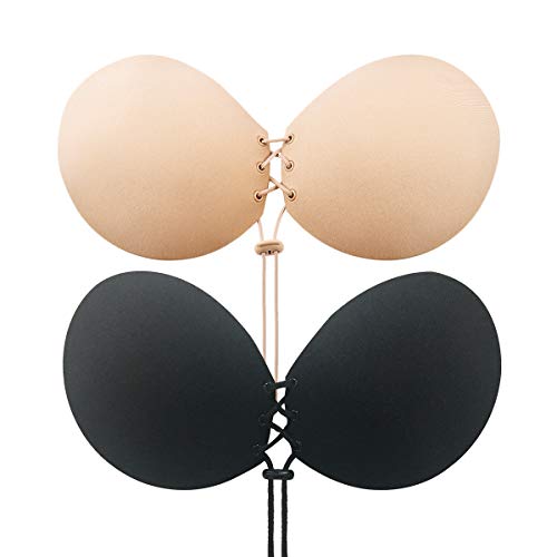 CtopoGo 2 Pack Sujetador Adhesivo, Sin Tirantes Mujeres Reutilizable Invisible Sujetador Push UP Bra con Gel Adhesivo y Ajustable String (B, Negro/Rosa)