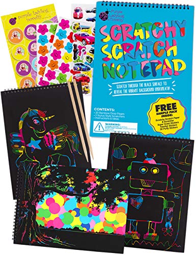 Cuaderno de Manualidades para Rascar de Purple Ladybug Bloc de Anillas de Formato Grande con 20 Hojas de Papel Rascable Multicolor, Ideal para Colorear y Dibujar - Incluye una Muestra Gratis