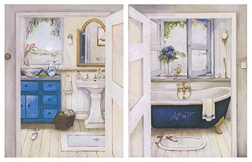 Cuadro de baño clásico/Placas de Madera Set de 2 Cuadros de 19 cm x 25 cm x 4 mm unid. Adhesivo FÁCIL COLGADO. Adorno Decorativo. Decoración Pared hogar