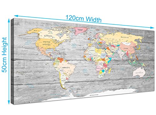 Cuadro mapamundi Wallfillers en lienzo, con fondo gris claro, de 120 cm de ancho 