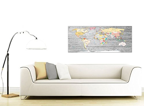 Cuadro mapamundi Wallfillers en lienzo, con fondo gris claro, de 120 cm de ancho 