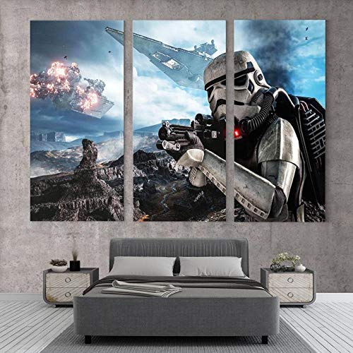 Cuadro Pared Pintura Decor Moderna Tríptico 3 Piezas Impresión De Lienzo Decor Hogar Sala Estar Dormitorio Infantil Oficina Club Corredor Mural Regalo 50x70x3 (Marco) Juego De Arte De Star Wars