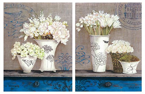 Cuadros de Madera de Flores decoración Tonos Azules Set de 2 Unidades de 19 cm x 25 cm x 4 mm unid. Adhesivo FÁCIL COLGADO. Adorno Decorativo. Decoración Pared hogar