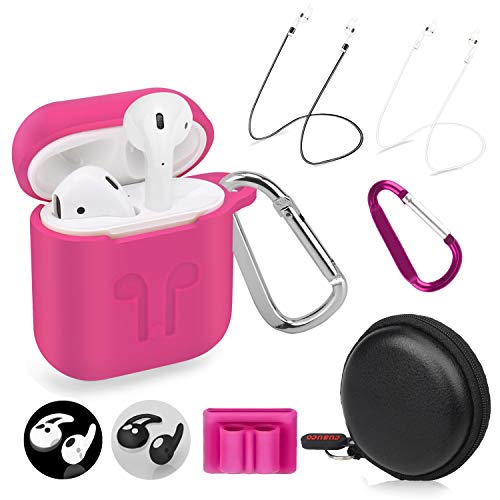 Cuauco AirPods Funda de Silicona con 2 Correas Anti-perdidas Airpods/2 Pares de Gancho para la Oreja/2 mosquetones/1 Soporte para Banda de Reloj /1 Funda Auriculares para Airpods (9 en 1)(Rosado