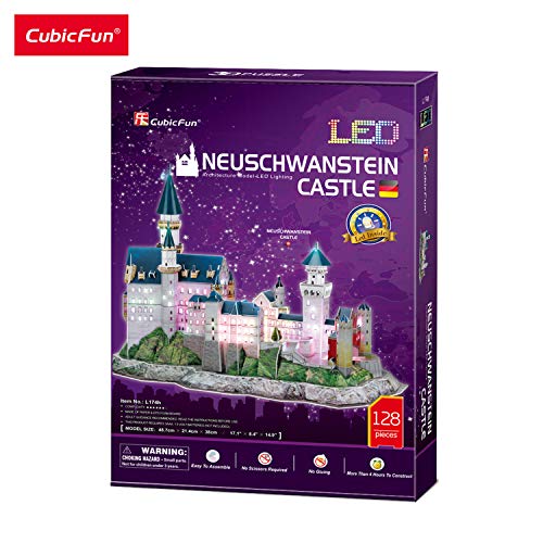 CubicFun Puzzle 3D LED Castillo de Neuschwanstein Alemania Arquitectura Famosa Kits de Edificio Modelo, Souvenir Decoración y Regalos para Adultos y Niños, 128 Piezas