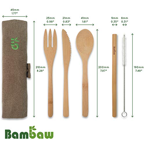 Cubierto de bambú | Cubiertos madera ecológicos |Utensilios madera | Set para picnic | Set cubiertos para camping | Cucharada, tenedor, cuchillo, pajita | 20 cm | Verde Oliva |Bambaw