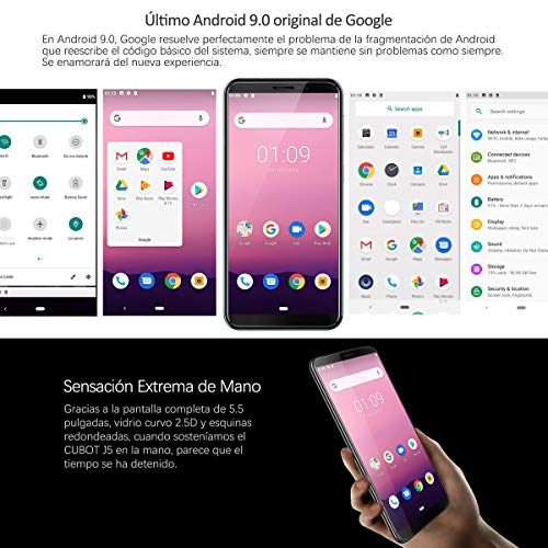 CUBOT J5 Teléfono Móvil Doble SIM Smartphone 5.5 Pulgadas Pantalla Táctil Capacitiva,Android 9.0 Operativo,16GROM,2800mAh Batería,Procesador Cuatro Núcleos,Identificación de Cara(Gradiente)