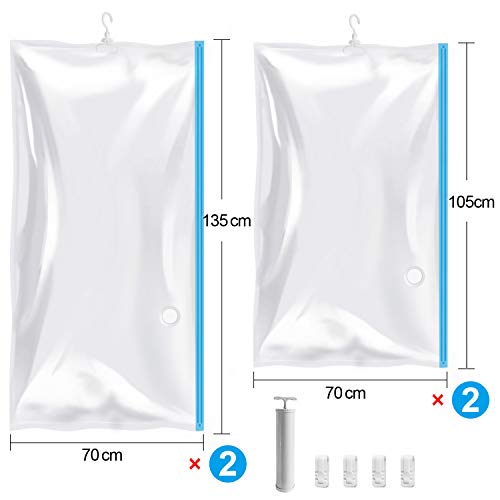 Cuelgan Bolsas de Almacenaje al Vacío 4 Unidades (2*Largo(135x70cm) + 2*Pequeñas(105x70cm)) Bolsas de Vacío para Guardar Ropa, Ropa de Cama, Edredones, Almohadas, Mantas, Cortinas