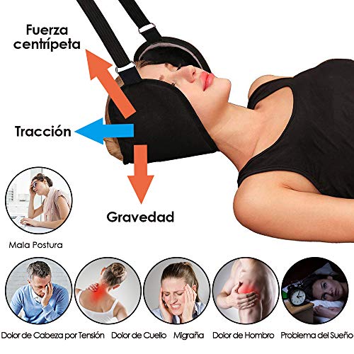 Cuello Hamaca Cervical Traccion | U UZOPI Cuello Alivio del dolor Cuello Estiramiento Alivio Fatiga Herramientas para el Alivio del Dolor de Cuello y Fisioterapia(con Mascara de Ojo,Negro)
