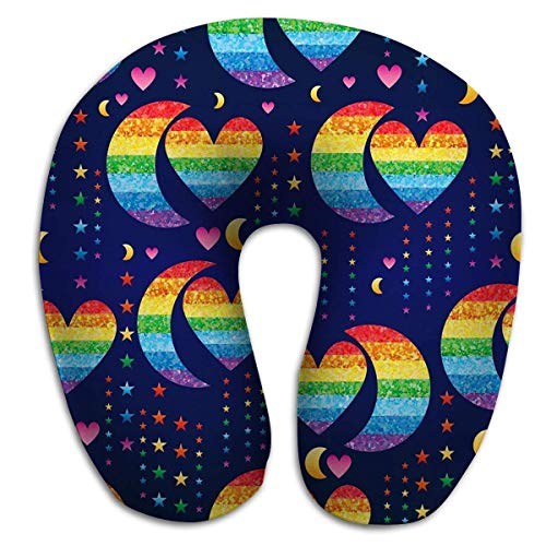 Cuello Redondo en Forma de U Almohada de Espuma con Memoria Resumen Crescent Express Love Rainbow Glitter Decoración Colorido Estrellas Azul Gradiente Color Colorido