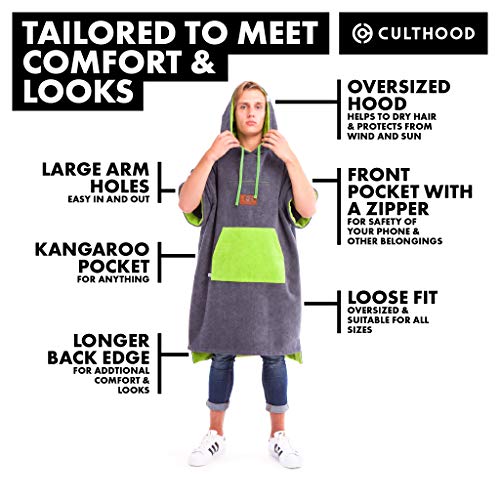 CULTHOOD Poncho-Toalla con Bata cambiable Bolsillo con Cremallera – Cambia con Estilo en público tu Traje de Surf y natación – Muchos Colores, tamaño Adulto, Aprobado por campeones de Wakeboarding