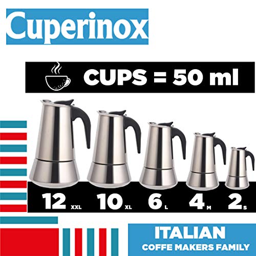CUPERINOX Cafetera italiana inducción | 2 tazas | cafetera express para placas y vitroceramicas inducción | acero inoxidable | apto lavavajillas (no incluye molinillo café)