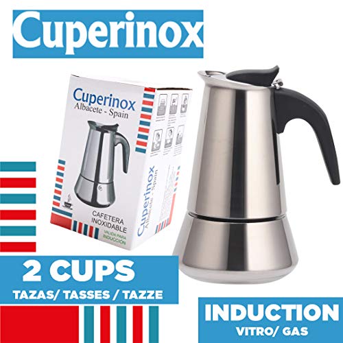 CUPERINOX Cafetera italiana inducción | 2 tazas | cafetera express para placas y vitroceramicas inducción | acero inoxidable | apto lavavajillas (no incluye molinillo café)