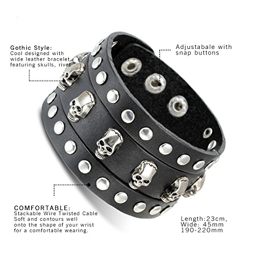 Cupimatch Pulsera Punk Calavera Remache Pulsera Hombre Cuero Ajustable Brazalete Mujer Joyería de Moda Regalo San Valentín/Navidad