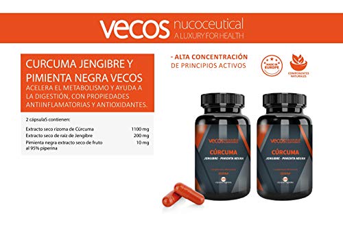Cúrcuma (1.100 mg) con jengibre (200mg) y pimienta negra (10 mg) Vecos – Suplemento antioxidante para el cuidado del organismo y de las articulaciones – 100 cápsulas vegetales – 100% apto para veganos
