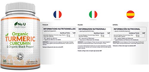 Cúrcuma Curcumina Orgánica y Pimienta Negra Orgánica, 365 Cápsulas (Suministro Para 1 Año) | Máxima Potencia 600 mg - Fabricada en el Reino Unido por Nu U Nutrition