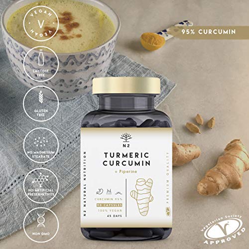 Cúrcuma en cápsulas con Pimienta Negra | 760 mg Curcumina + Piperina Alta Concentración| Antioxidantes Antiinflamatorio Natural Detox | Turmeric complex | 90 Cápsulas Vegano CE | N2 Natural Nutrition