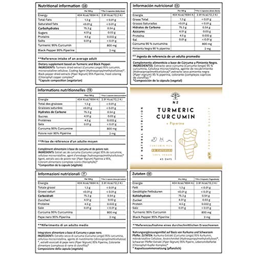 Cúrcuma en cápsulas con Pimienta Negra | 760 mg Curcumina + Piperina Alta Concentración| Antioxidantes Antiinflamatorio Natural Detox | Turmeric complex | 90 Cápsulas Vegano CE | N2 Natural Nutrition