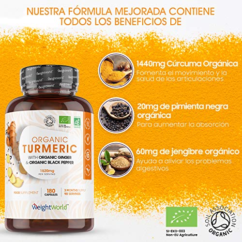 Cúrcuma Orgánica de 1520 mg con Jengibre y Pimienta Alta Absorción 180 Cápsulas - Potente Antiinflamatorio y Antioxidante, Para Sistema Inmunológico y Articulaciones, Con Curcumina y Piperina