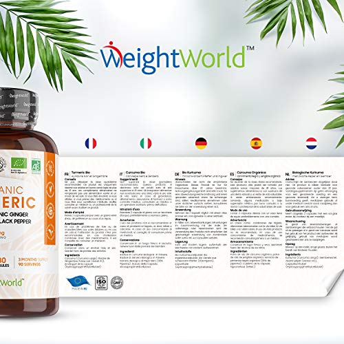 Cúrcuma Orgánica de 1520 mg con Jengibre y Pimienta Alta Absorción 180 Cápsulas - Potente Antiinflamatorio y Antioxidante, Para Sistema Inmunológico y Articulaciones, Con Curcumina y Piperina