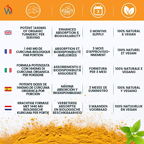 Cúrcuma Orgánica de 1520 mg con Jengibre y Pimienta Alta Absorción 180 Cápsulas - Potente Antiinflamatorio y Antioxidante, Para Sistema Inmunológico y Articulaciones, Con Curcumina y Piperina