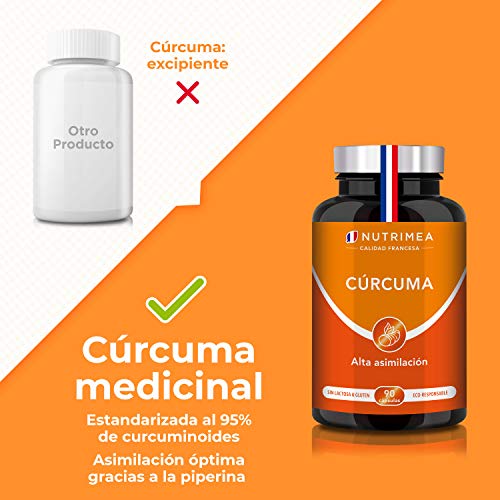 Cúrcuma Orgánica y Pimienta Negra Piperina | Extracto al 95% de Curcumina 90 Cápsulas Veganas Potente Antiinflamatorio Antioxidante | Natural Detox Huesos y Articulaciones | Turmeric Fabricado Francia