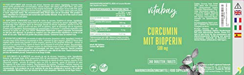 Curcumina con Bioperin 500 mg VEGAN, complejo Curcuma C3, raíz Curcuma Longa (360 comprimidos VEGAN)