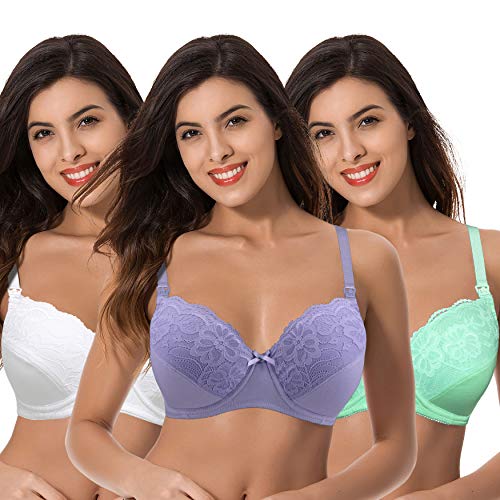 Curve Muse Sujetador con Aros de Lactancia Talla Grande con Copas desplegables (Paquete de 3) -Marfil, Lavanda, Verde claro-110F-V2