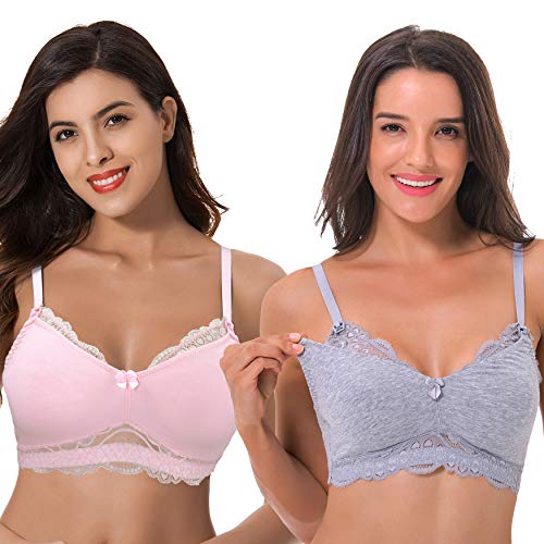 Curve Muse - Sujetador sin Forro de algodón para Lactancia sin Cables de Talla Grande con Ribete de Encaje-Paquete de 2-Gris, Rosado-125D
