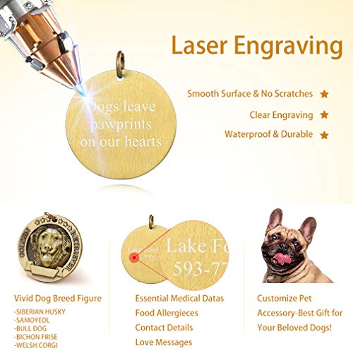 Custom4U Placa de Identidad para Perros Etiquetas Redondas Zinc 3D Relieve Dog Tag Personalizado con Nombres Grabados para Bulldog FRANCÉS