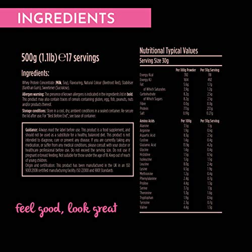 Cute Nutrition Batido de Proteína de Suero de Fresa Esculpe y Tonifica Bote de 500g con Coctelera Shaker Rosa 700 ml y Banda Rosa de Resistencia Media